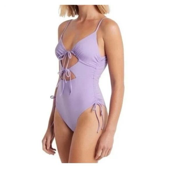 Bond-eye New Wave Tied Together One Piece Size XS Lavender Cut Out Swimsuit - Picture 9 of 14